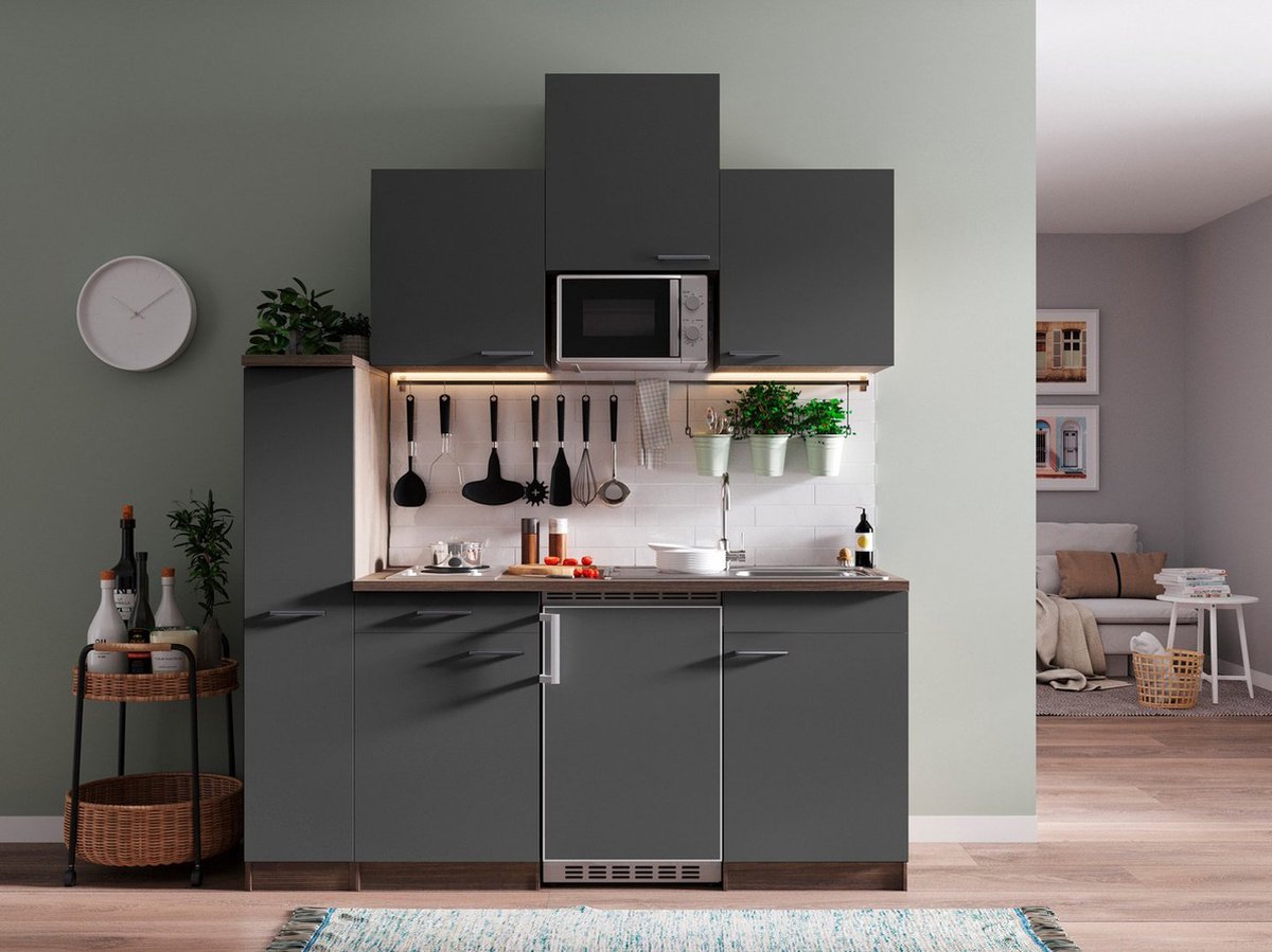 Goedkope keuken 180 cm - complete kleine keuken met apparatuur Oliver - Donker eiken/Grijs