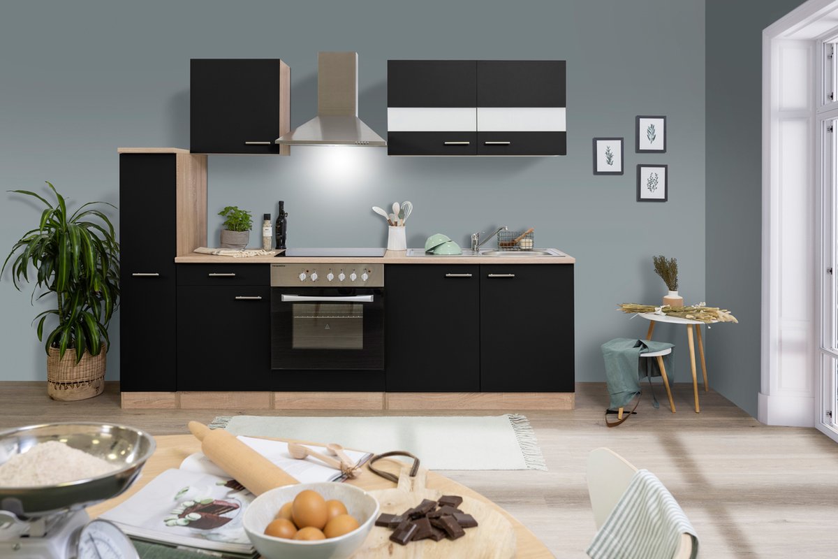 Respekta® Keukenblok 240 cm complete keuken met apparatuur soft close Zwart Moderne keuken Merle keramische kookplaat afzuigkap oven spoelbak
