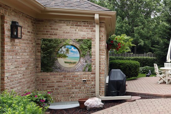 Jardin - Palmier - Vue - Pierre - Canoë - Toile de clôture - 120x80 cm - Affiche de jardin - Toile de jardin