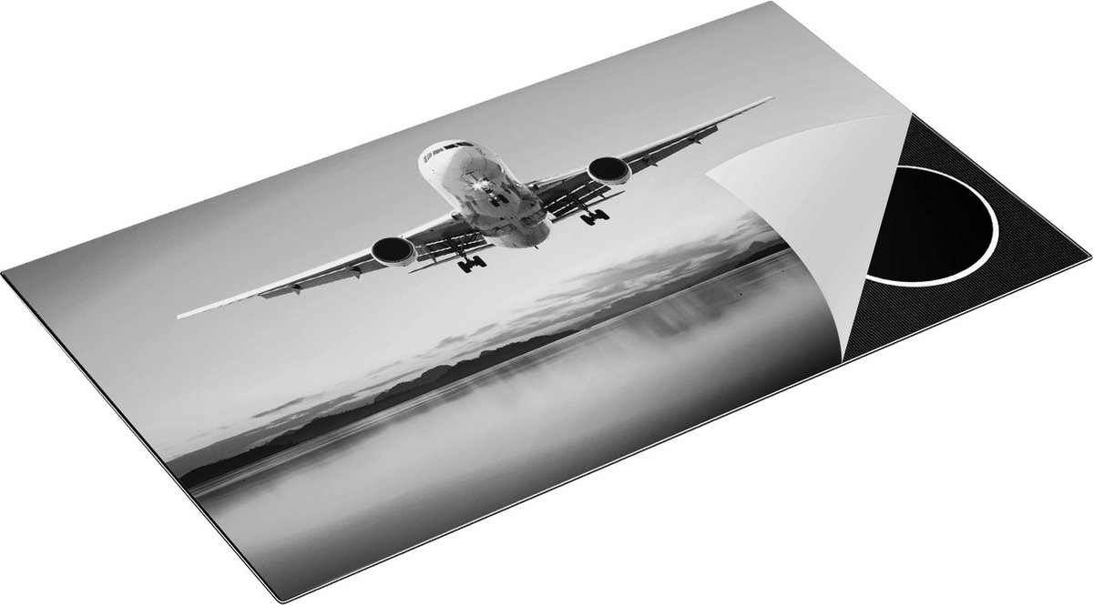 Chefcare Inductie Beschermer Vliegtuig Vliegt Boven een Kleurrijke Zee - Zwart Wit - 90x55 cm - Afdekplaat Inductie - Kookplaat Beschermer - Inductie Mat