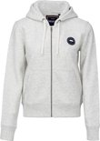 Vooraanzicht van een lichtgrijze dames hoodie met capuchon en ritssluiting.