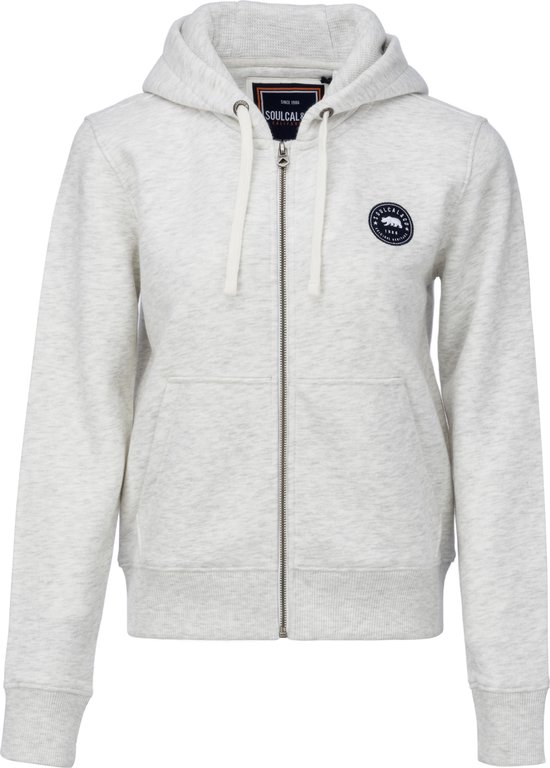 Vooraanzicht van een lichtgrijze dames hoodie met capuchon en ritssluiting.