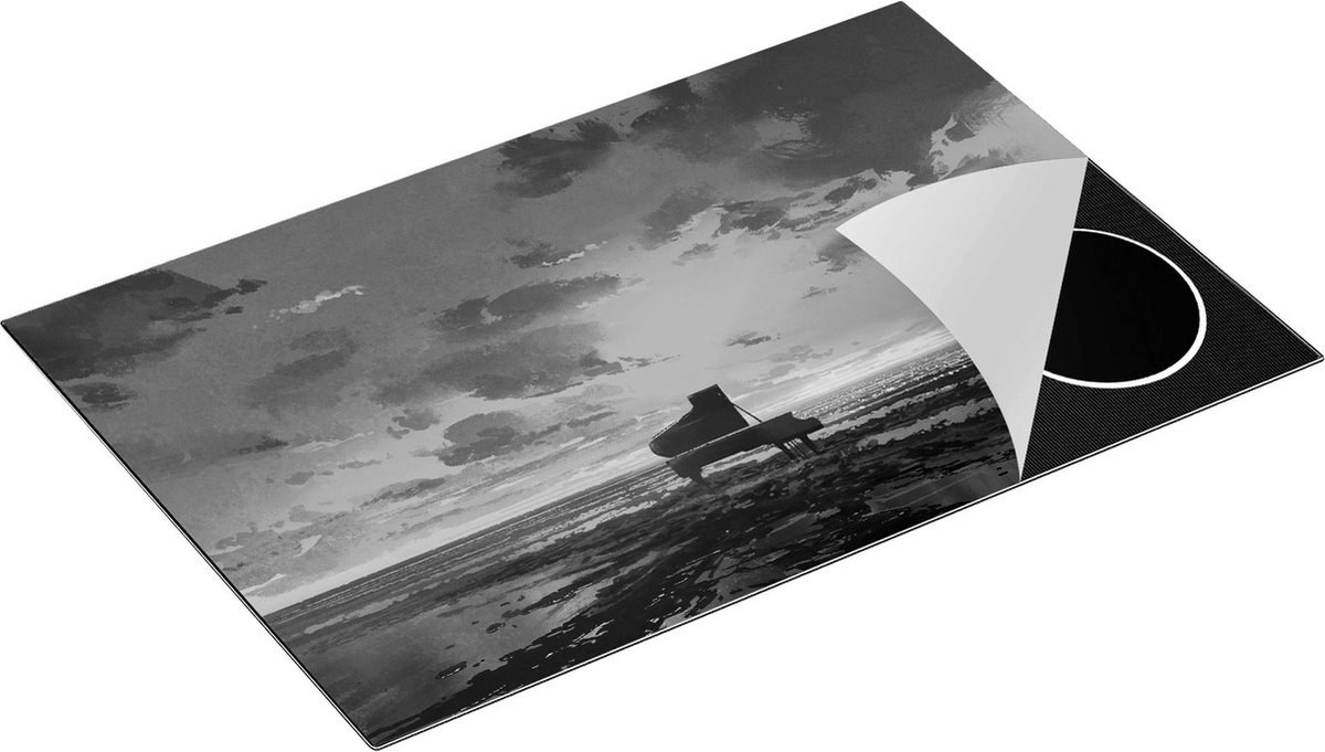 Chefcare Inductie Beschermer Piano op het Strand bij Zonsondergang - Zwart Wit - 80,2x52,2 cm - Afdekplaat Inductie - Kookplaat Beschermer - Inductie Mat