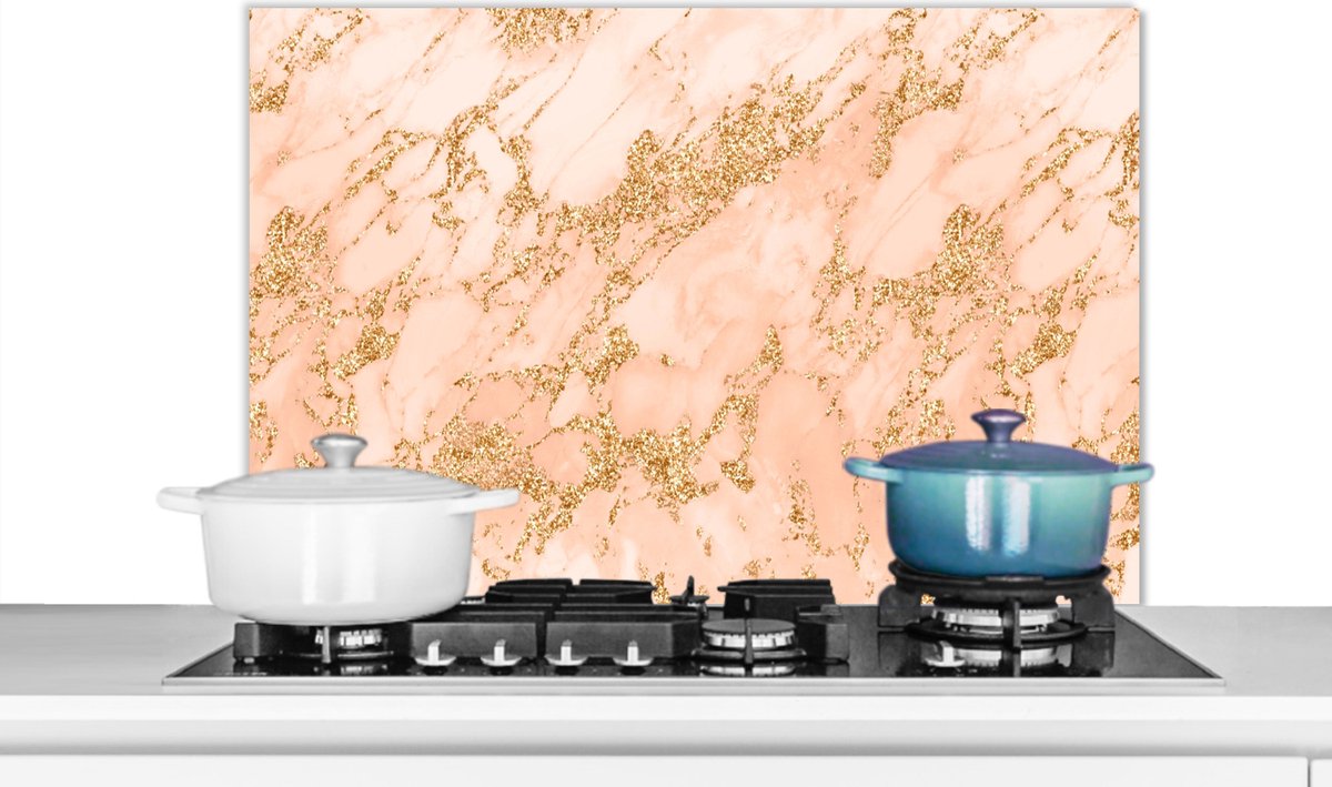 Spatscherm keuken - Glitter - Marmerlook - Goud - Roze - Design - Spatwand - 90x60 cm - Muurbeschermer