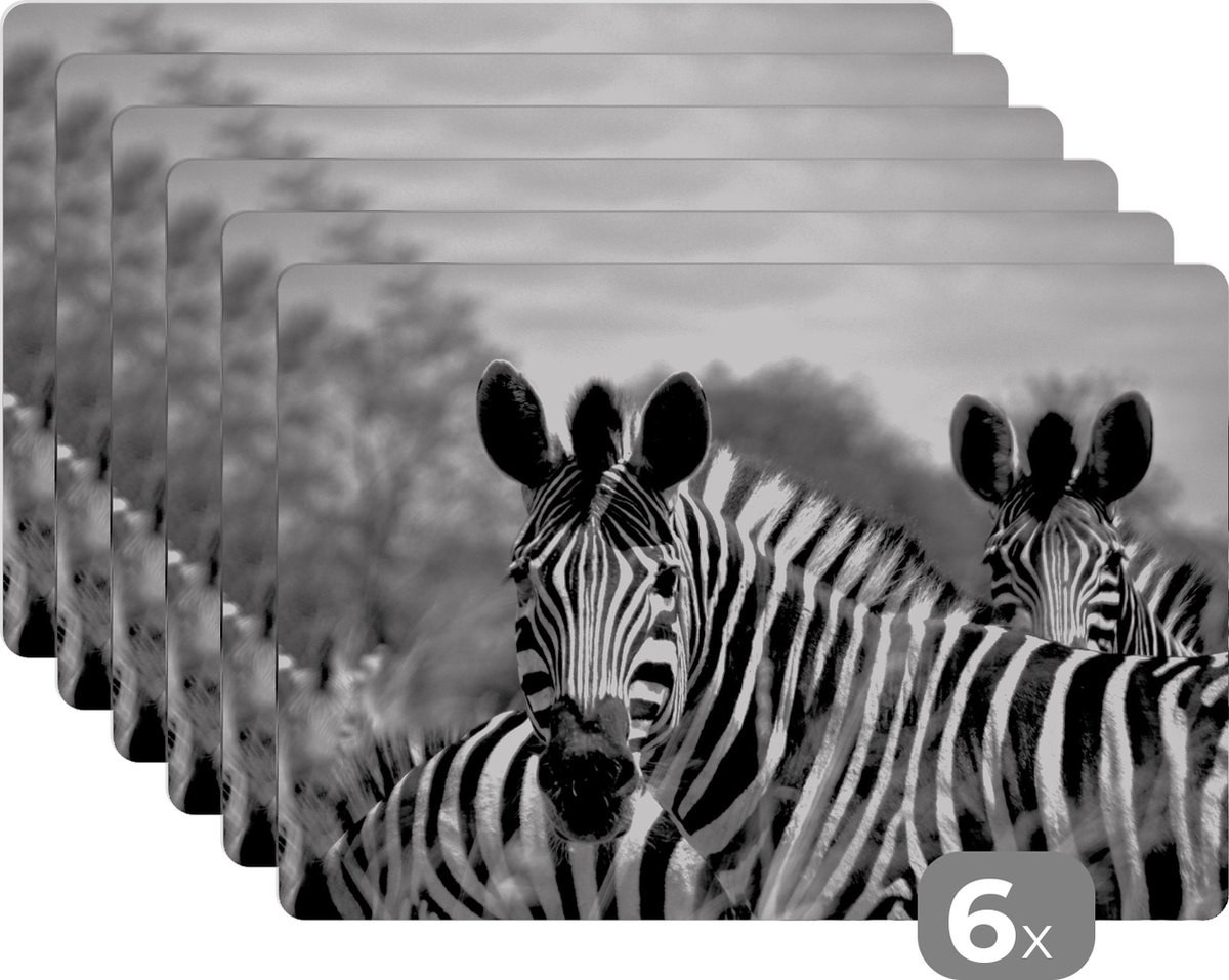 Placemats - Dieren - Zebra - Zwart - Wit - Safari - Eettafel - Onderlegger - 45x30 cm - 6 stuks