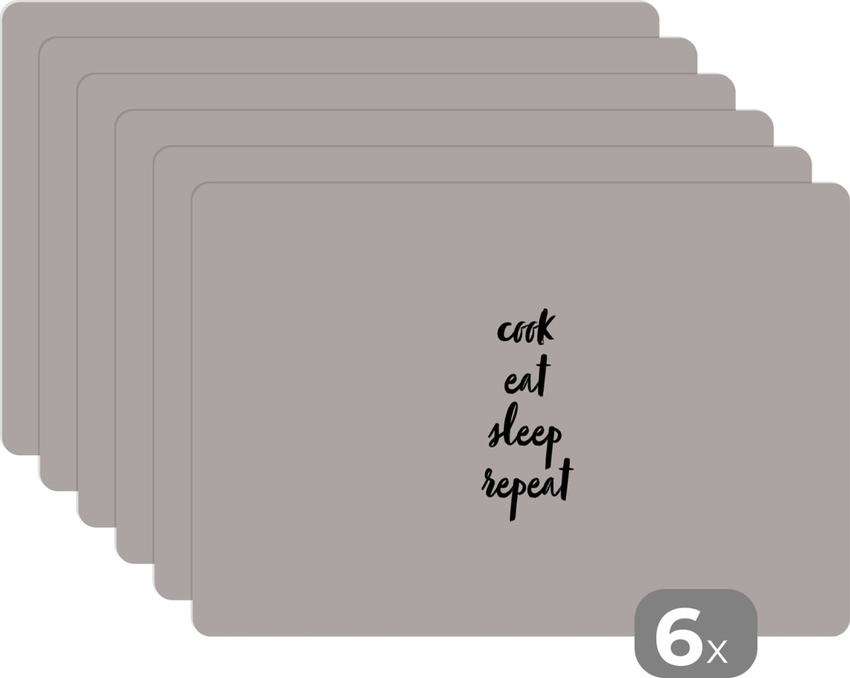 Placemat - Placemats kunststof - Quotes - Eten - Spreuken - Cook eat sleep repeat - Koken - 45x30 cm - 6 stuks - Hittebestendig - Anti-Slip - Onderlegger - Afneembaar