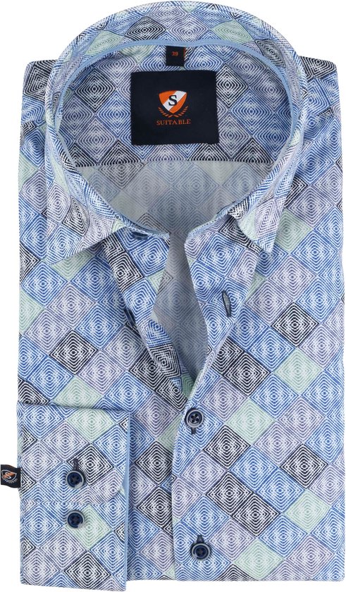 Suitable - Twill Overhemd Ruiten Blauw - Heren - Maat 40 - Slim-fit