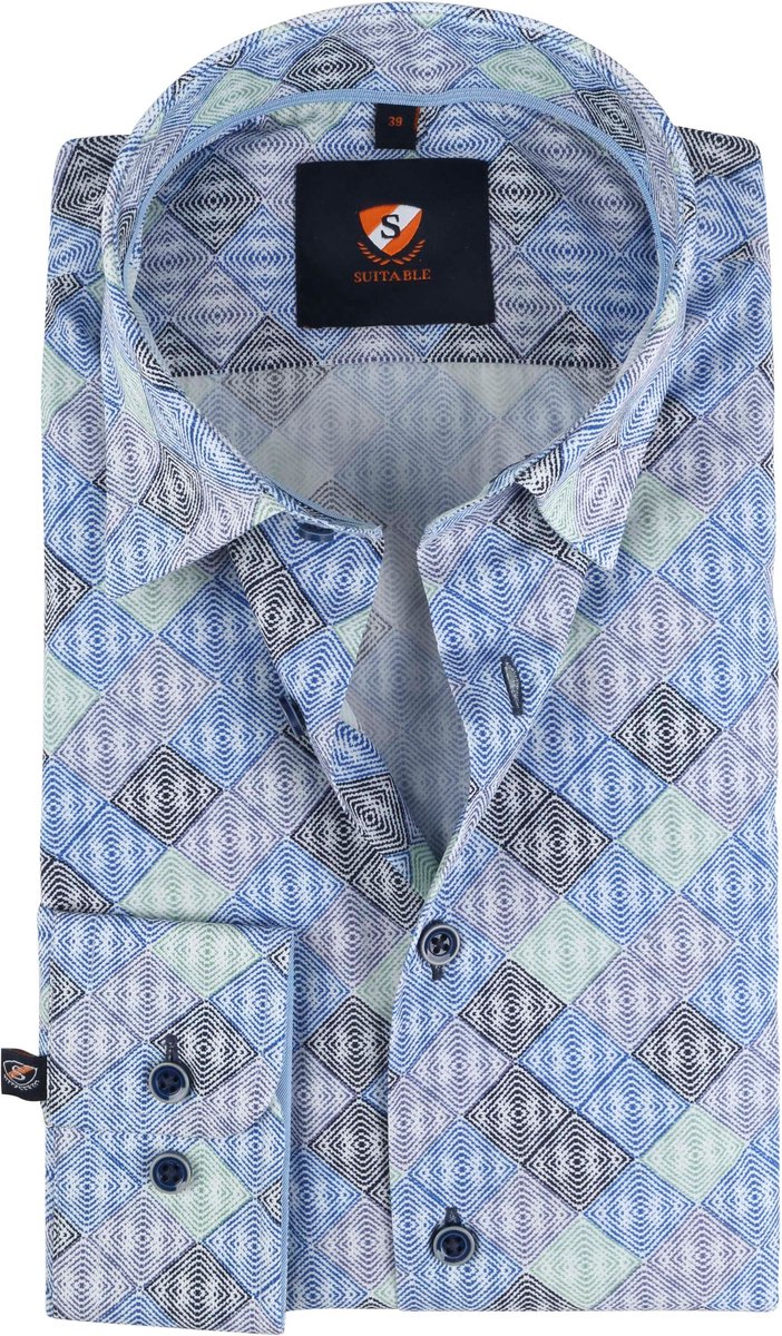 Suitable Twill Overhemd Ruiten Blauw - Maat 40 - Heren - Overhemden Formeel