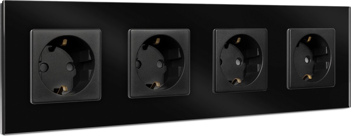 Navaris wandcontactdoos met glazen paneel - Viervoudig stopcontact in zwart - 30 x 8,5 cm - Inlcusief bevestigingsmateriaal - Horizontaal