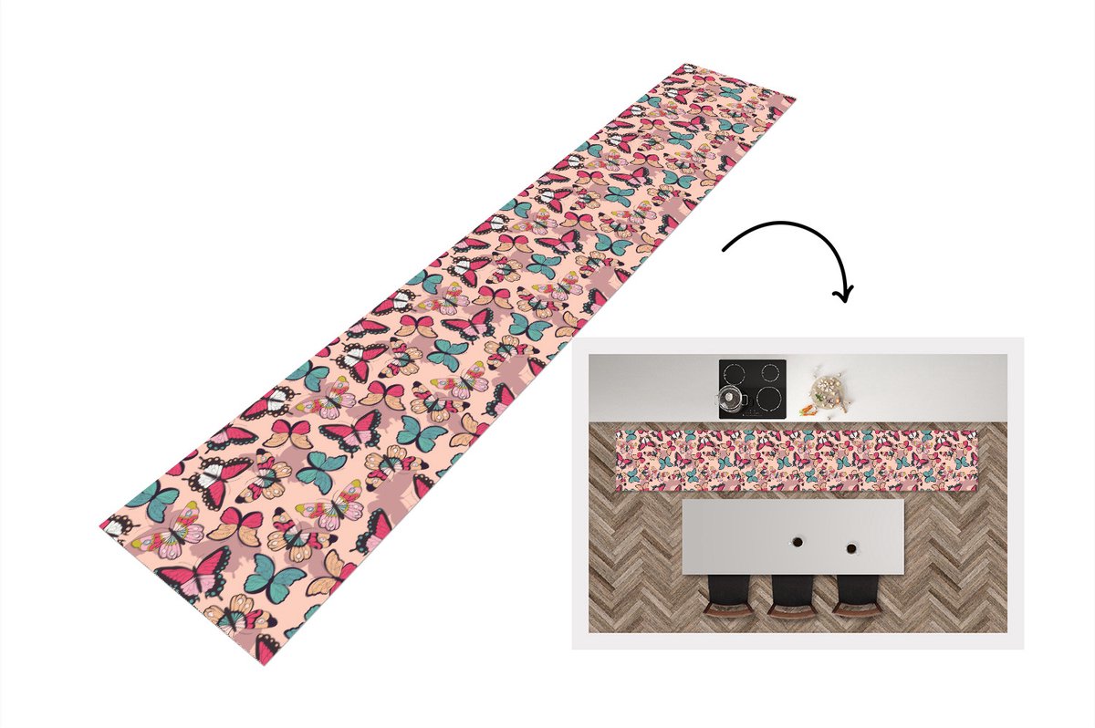 KitchenYeah Keukenloper - Keukenmat - Vlinder - Roze - Blauw - Design - Keuken vloerkleed Multicolor