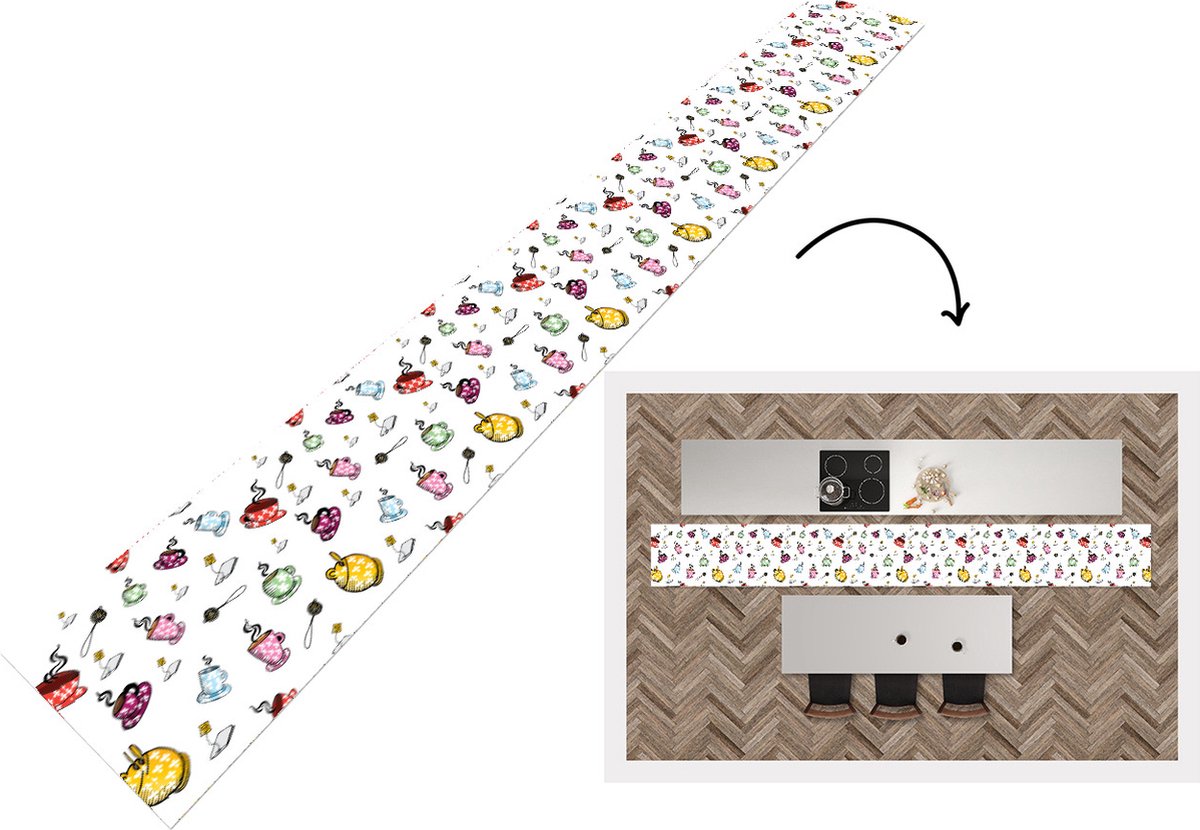 KitchenYeah Keukenloper - Keukenmat - Thee - Patronen - Kopjes - 480x60 cm - Keuken vloerkleed Multicolor