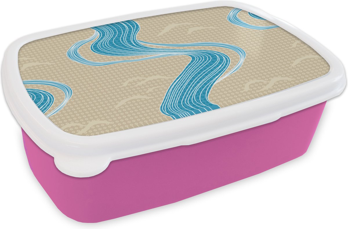 Broodtrommel Roze - Lunchbox - Brooddoos - Patroon - Berg - Rivier - 18x12x6 cm - Kinderen - Meisje