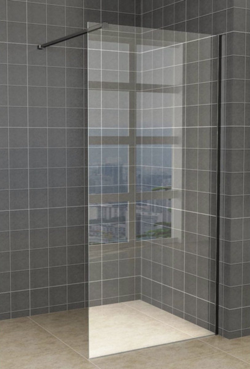 Saniclass Bellini inloopdouche 120x200cm met 8mm helder glas met zwart profiel en stabilisatiestang