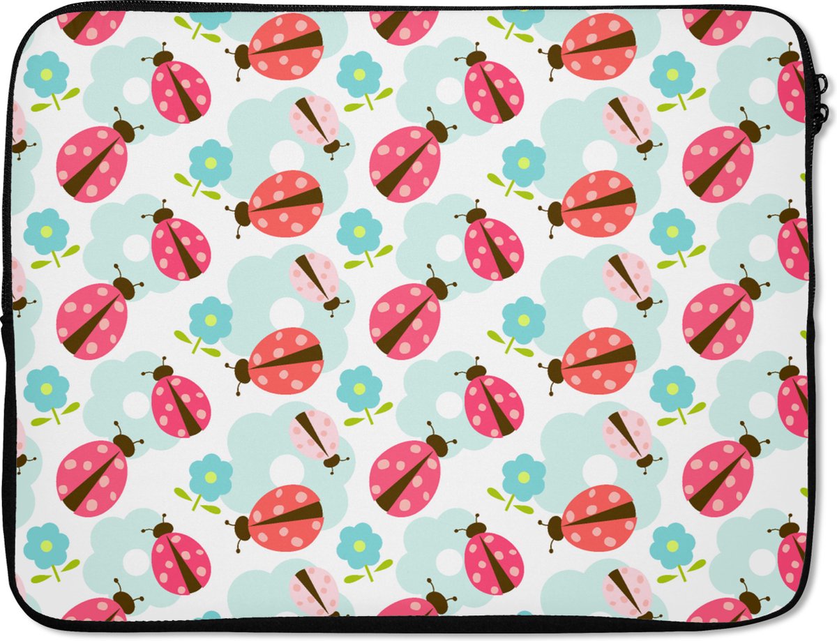 Laptophoes 17 inch - Meiden - Lieveheersbeestje - Bloemen - Patronen - Girl - Kids - Kinderen - Laptop sleeve - Binnenmaat 41x28 cm - Zwarte achterkant