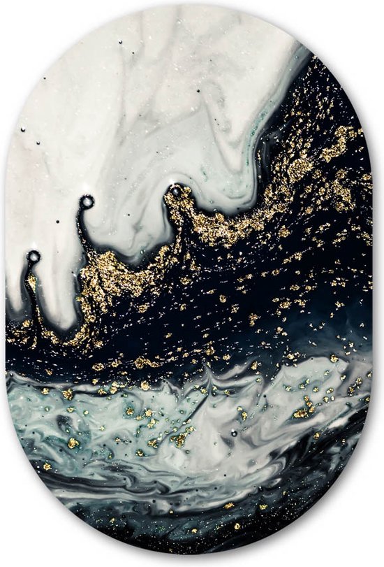 Wandovaal muursticker Marmer zwart wit goud - WallCatcher | Behangsticker 40x60 cm | Ovalen schilderij | Muurovaal Marble Black Gold