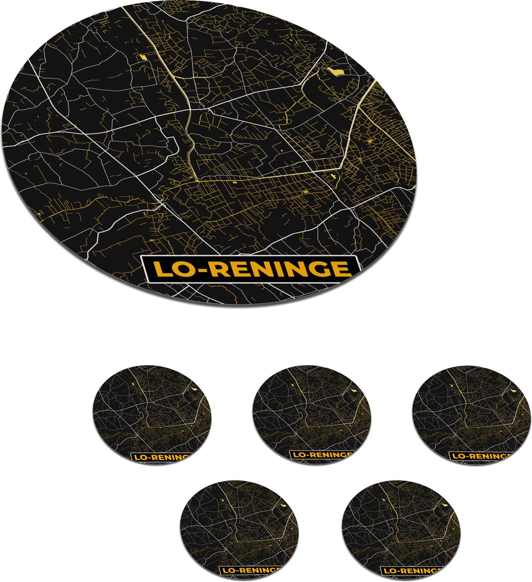 Onderzetters voor glazen - Rond - Stadskaart - Goud - Plattegrond - Lo-Reninge - Kaart - 10x10 cm - Glasonderzetters - 6 stuks