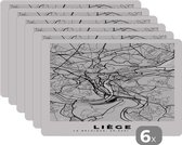Placemat - Placemats kunststof - Kaart – Plattegrond – Stadskaart – Liège – België – Zwart Wit - 45x30 cm - 6 stuks - Hittebestendig - Anti-Slip - Onderlegger - Afneembaar