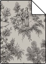 Proefstaal Origin Wallcoverings behang toile de jouy print taupe en zwart - 326117 - 26,5 x 21 cm