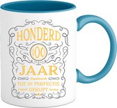 100 Jaar Legendarische Gebrouwen Mok met tekst | Goud - Zilver | Grappig Verjaardag Beker Cadeau | Bedrukte Mokken | Blauw | 330 ML