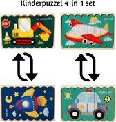 Houten Puzzel - Dubbelzijdige Kinderpuzzels - Set 4-in-1 - Montessori Speelgoed - Set Voertuigen