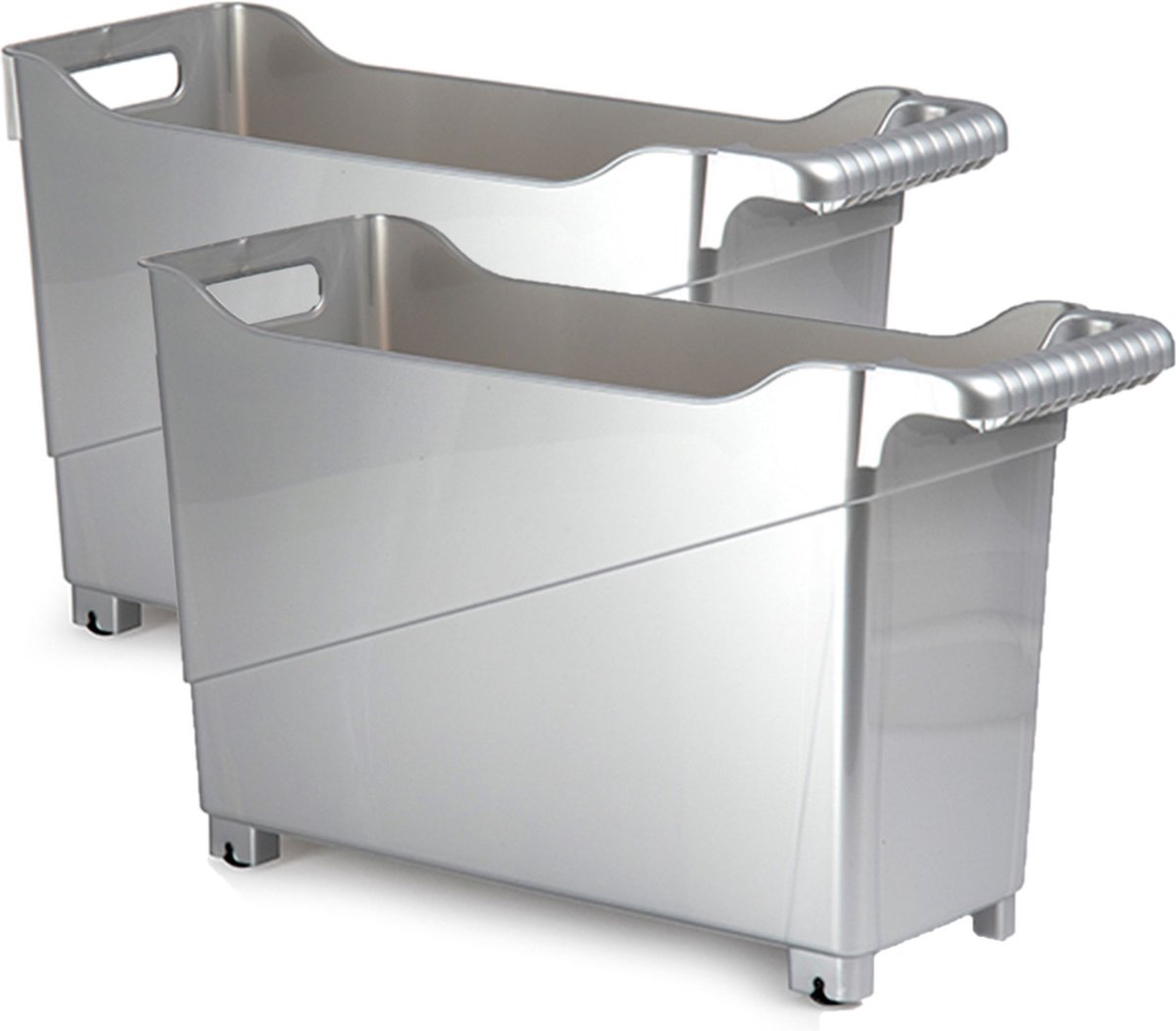 Set van 2x stuks kunststof trolleys zilver op wieltjes L45 x B17 x H29 cm - Voorraad/opberg boxen/bakken