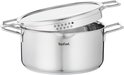 RVS pan van Tefal met dubbele handvatten en een glazen deksel met perforaties.