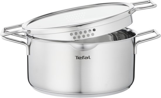 RVS pan van Tefal met dubbele handvatten en een glazen deksel met perforaties.
