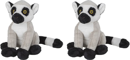 Familie van 2x stuks pluche knuffel ringstaart maki aap van 19 cm - Speelgoed knuffeldieren apen