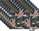 Placemat - Placemats kunststof - Kraanvogel - Wolken - Japan - Patroon - 45x30 cm - 6 stuks - Hittebestendig - Anti-Slip - Onderlegger - Afneembaar