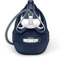 De donkerblauwe Tefal Pro Express Ultimate II stoomgenerator met bedieningsknoppen en een gestreepte snoer.