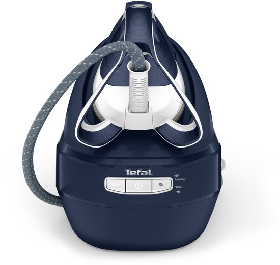 De donkerblauwe Tefal Pro Express Ultimate II stoomgenerator met bedieningsknoppen en een gestreepte snoer.