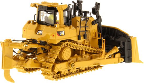 Gele CAT D9T bulldozer met schuifblad en ripper, getoond op witte achtergrond.