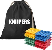 Canvas knijperzak/ opbergzakje knijpers zwart met koord 25 x 30 cm en 100 plastic wasknijpers - Knijperzak met knijpers