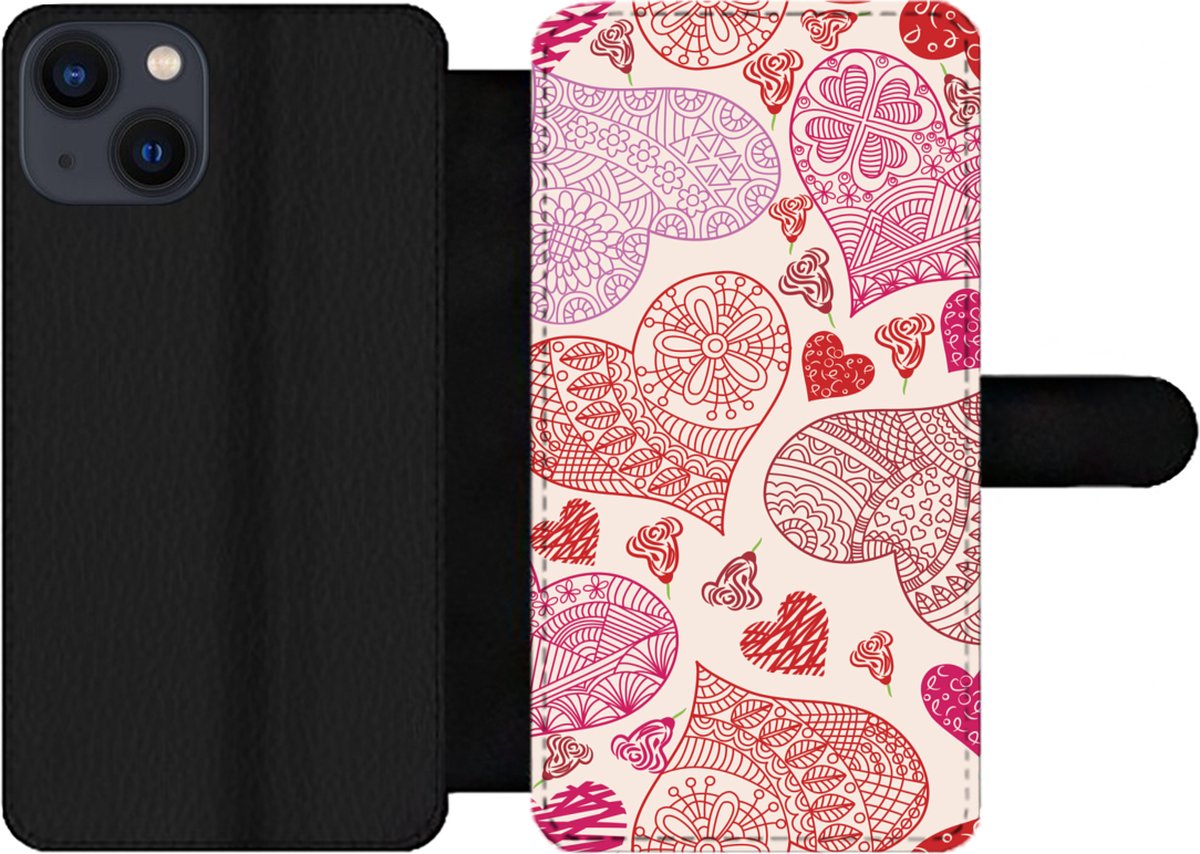 Telefoonhoesje Geschikt voor iPhone 13 telefoonhoesje - Een illustratie met roze en rode hartjes - Met vakjes - Wallet case met magneetsluiting