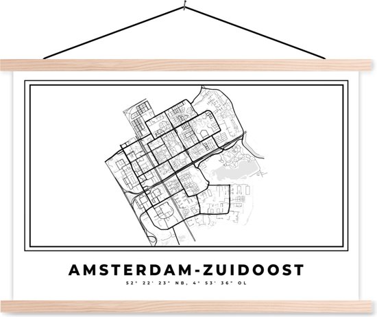 Posterhanger incl. Poster - Schoolplaat - Plattegrond – Amsterdam Zuidoost – Zwart Wit – Stadskaart - Kaart - 150x100 cm - Blanke latten - Plattegrond