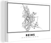Canvas Schilderij Reims – Plattegrond - Zwart Wit – Stadskaart – Kaart - 90x60 cm - Wanddecoratie