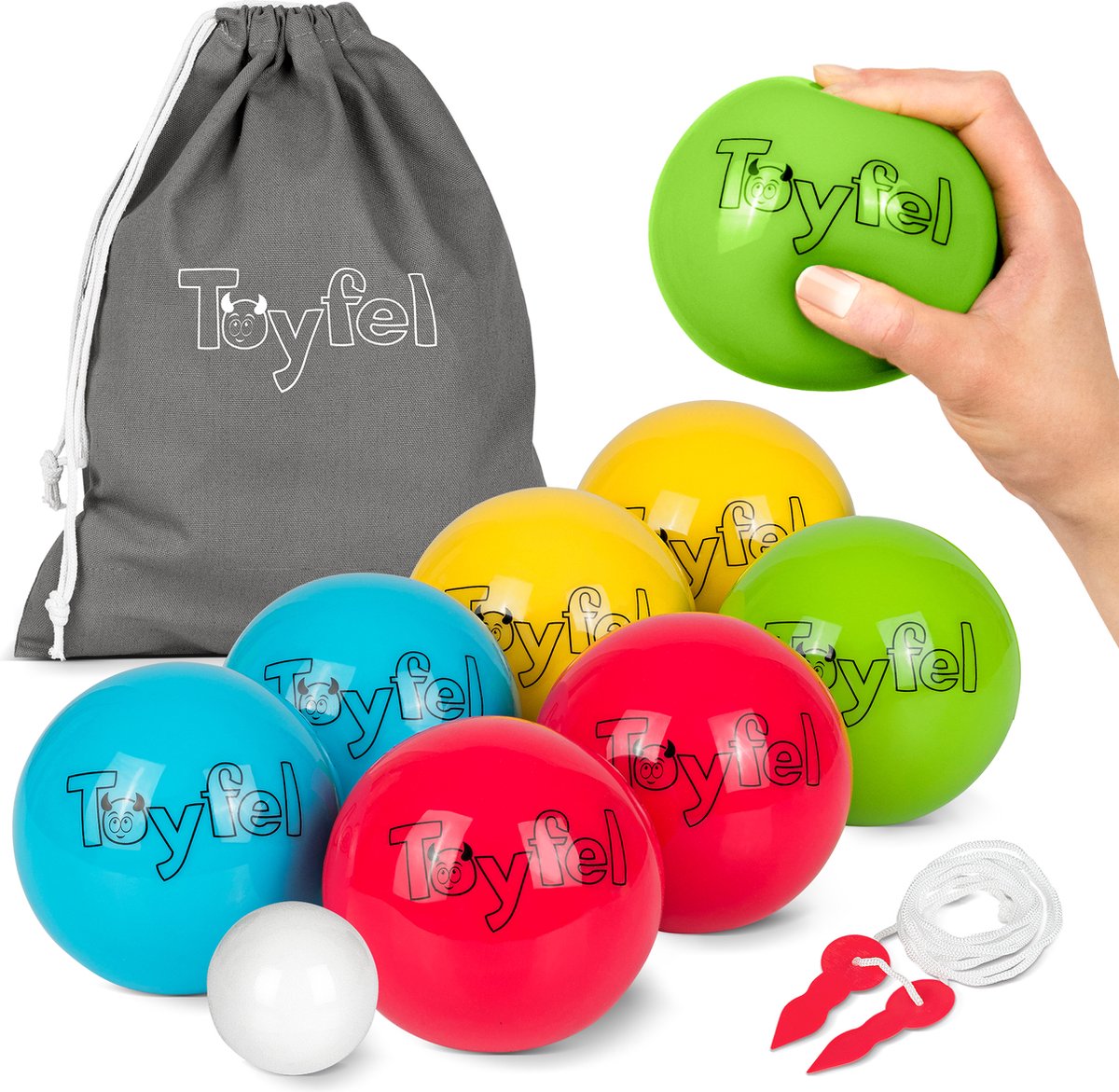 Toyfel Leo – Zachte Pentaque Jeu de Boules Spel met 8 Boule Ballen, Doelbal, Draagtas & Meetlint – Outdoor & Indoor Boccia Tuinspel - Toyfel