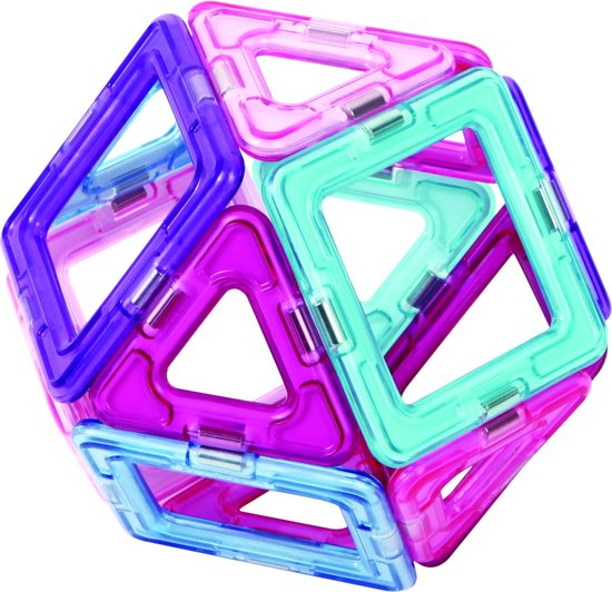 Een bolvormig bouwwerk van roze, paarse en blauwe Magformers driehoeken en vierkanten.