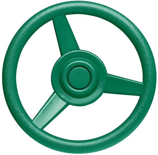 Groen speelgoed stuurwiel met drie spaken en een ronde knop in het midden.