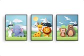 Poster Set 3 Leeuw giraf aapje beer olifant en konijn - dieren van papier / Jungle / Safari / Dieren Poster / Babykamer - Kinderposter 30x21cm