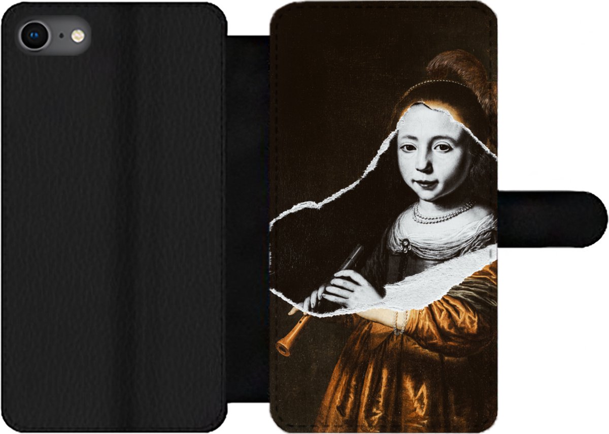 Telefoonhoesje Geschikt voor iPhone SE 2020 telefoonhoesje - Elizabeth Spiegel - Dirck Dircksz Santvoort - Zwart - Wit - Met vakjes - Wallet case met magneetsluiting