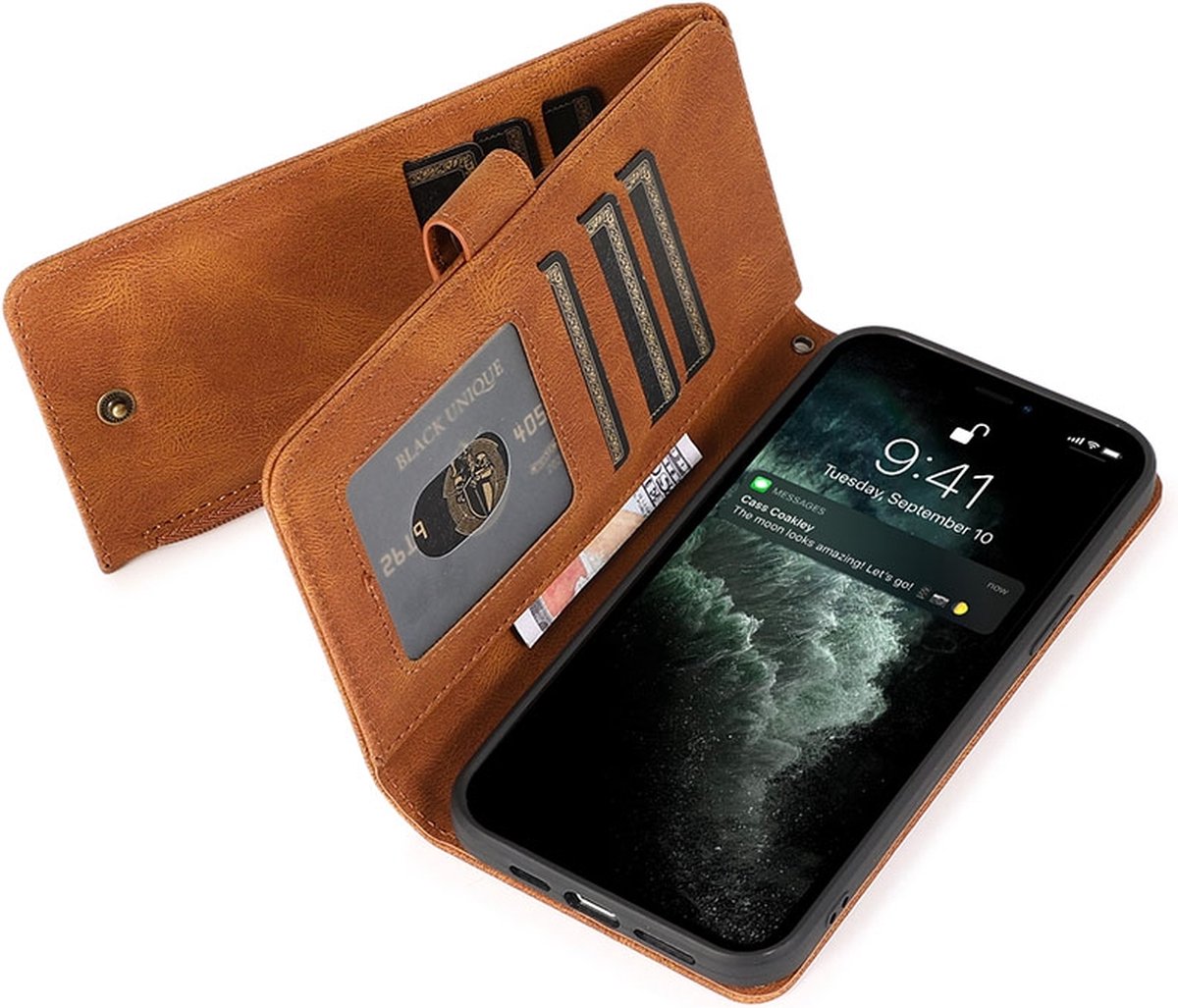 Zacht Leren geschikt voor iPhone 13 Pro Wallet Hoesje - bruin