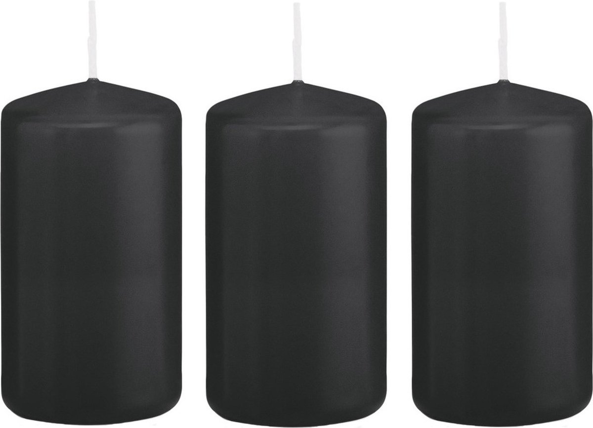 Trend Candles Cilinderkaars/stompkaars - 3x - zwart - 6 x 12 cm - 40 branduren - met brandvertragende folie