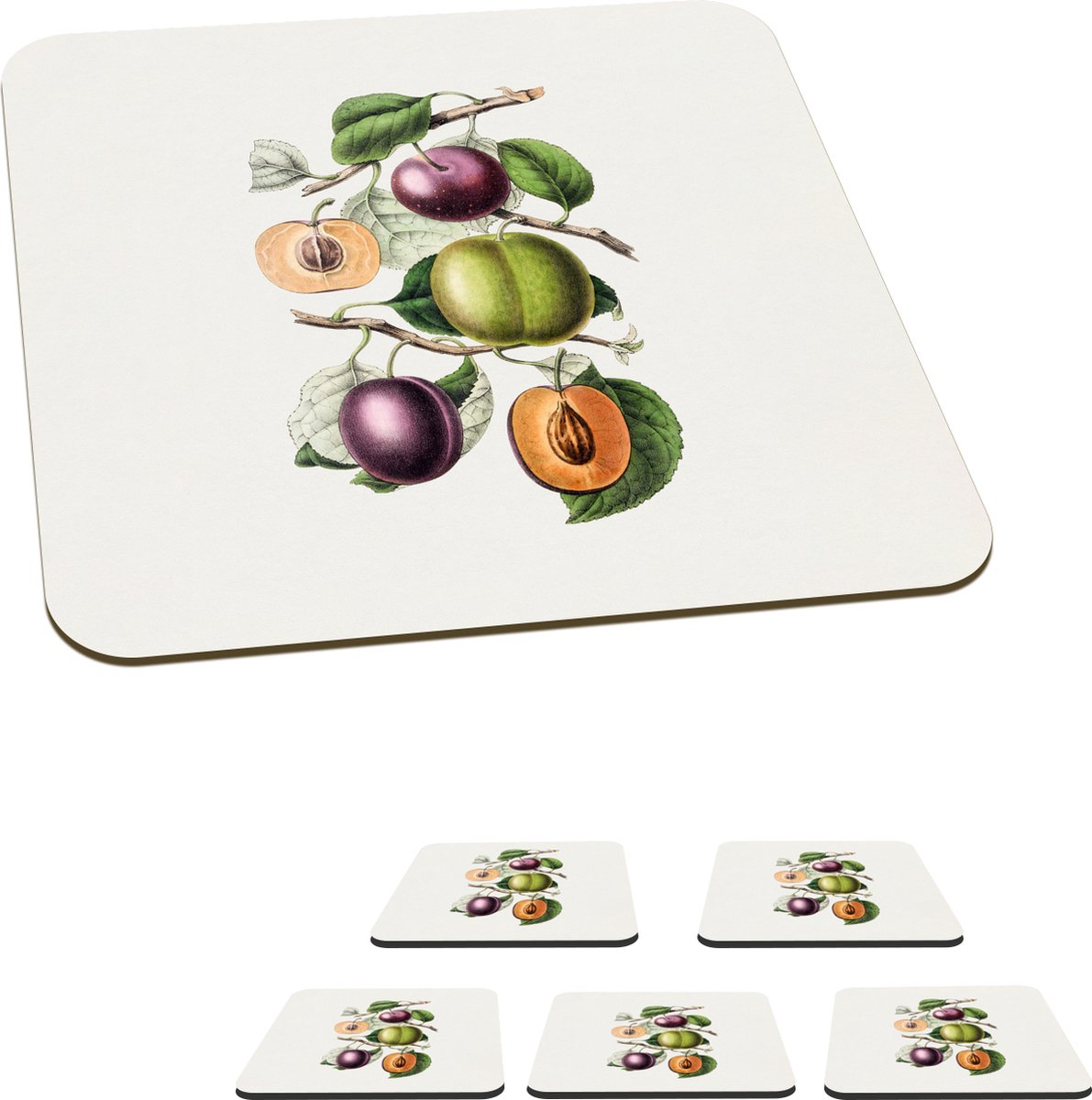 Onderzetters voor glazen - Perzik - Fruit - Vintage - 10x10 cm - Glasonderzetters - 6 stuks