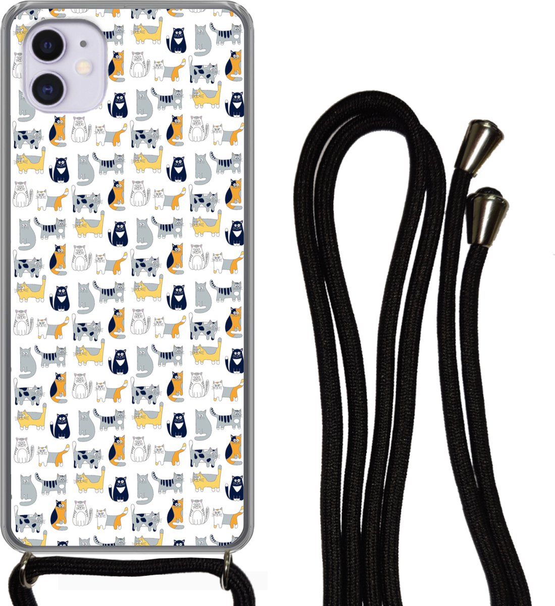 Telefoonhoesje Geschikt voor iPhone 12 - Patroon - Kat - Poes - Jongens - Meisjes - Kinderen - Kindje - Siliconen - Crossbody - Backcover met Koord - Telefoonhoesje met koord - Hoesje met touw Telefoonhoesje