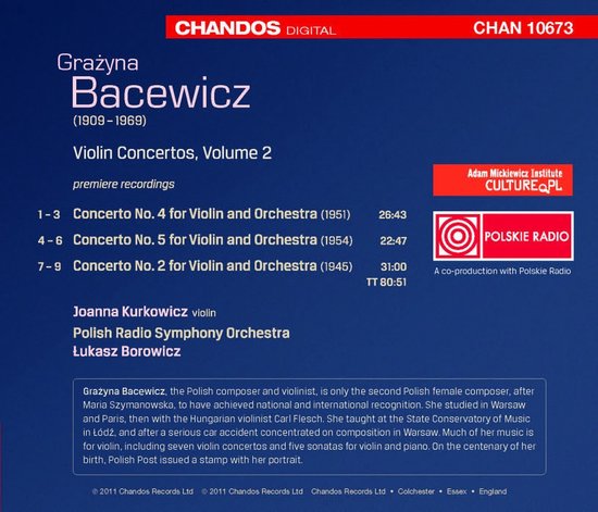 Albumhoes met tekst over Grażyna Bacewicz's Vioolconcerten Deel 2 met vermelding van premièregeluidsopnamen, artiesten en de Poolse Radio.