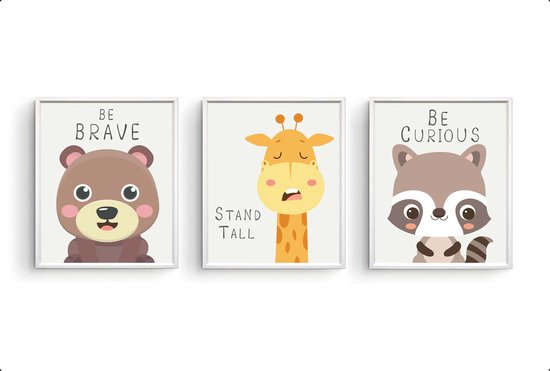 Poster Set 3 Dieren beer giraf wasbeer met blije tekst - Dieren motivatie / Dieren / Dieren Poster / Babykamer - Kinderposter 70x50cm