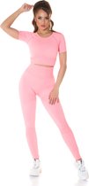 Fashion - sportoutfit - dames - high waist legging - crop top met korte mouw - legging en top - fitness kleding - sportkleding - neon coral - maat S
