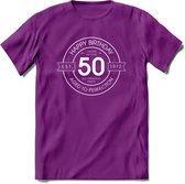 50th Happy Birthday T-shirt | Vintage 1972 Aged to Perfection | 50 jaar Abraham en Sarah verjaardag cadeau | Grappig feest shirt Heren – Dames – Unisex kleding | - Paars - L