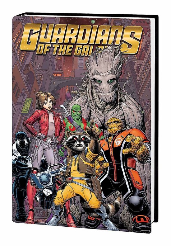 Klassieke Marvel Comics stripboek cover van de Guardians of the Galaxy, met Groot, Rocket, Drax, Gamora, Star-Lord, Mantis en Venom.